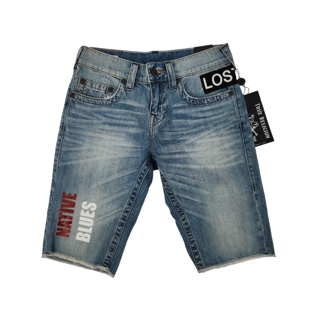 $179 True Religion Ricky "Native Blues" Print Men's Denim Shorts Size 28